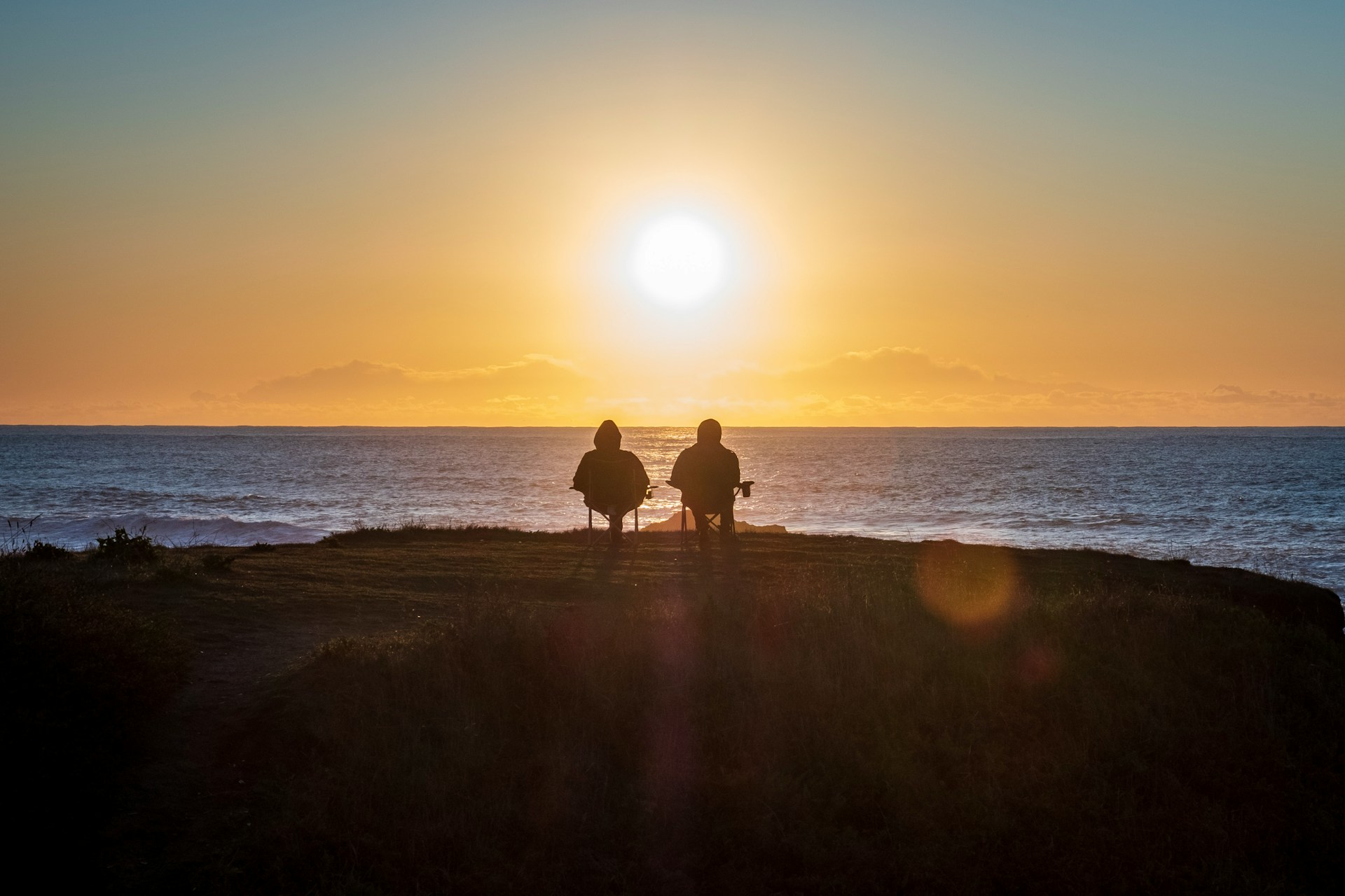 Two travellers watching the sunset by the sea